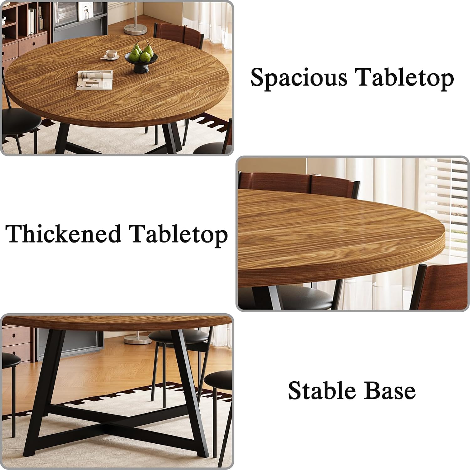 Large Round Dining Table for 6-8, Wooden Dinner Table with Heavy Duty Metal Pedestal Base, for Kitchen Living Room, Space Saving, 59 Inch, Brown