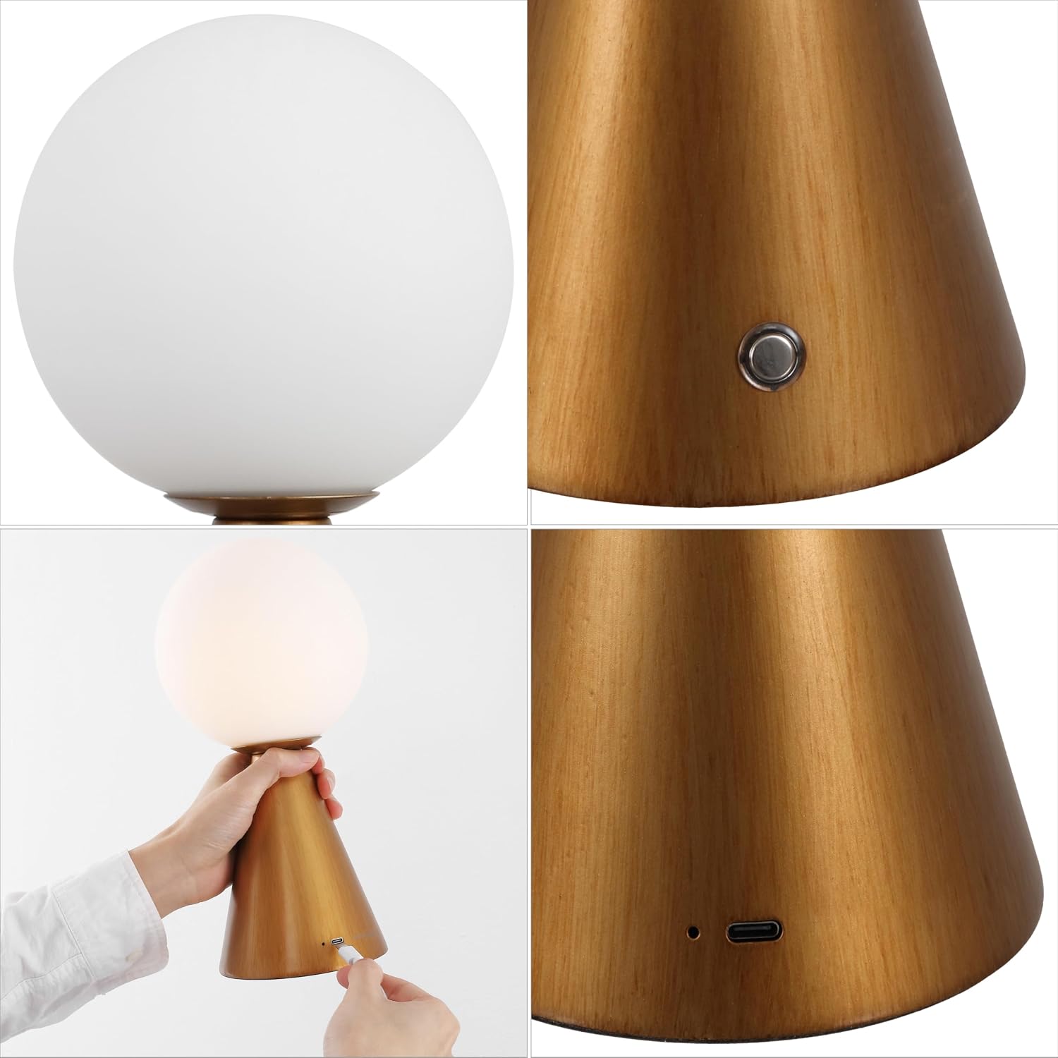 JONATHAN Y 11.75' Antique Gold Macie Modern Globe Cordless Table Lamp Set of 2, Rechargeable Dimmable Integrated LED Touch Sensor Bedside Lamp, White Frosted Glass Shade (JYL7159D-SET2)
