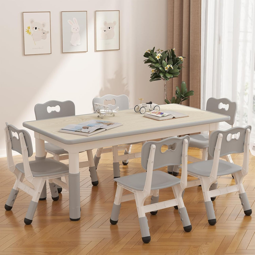 IDEALHOUSE Kids Table and 6 Chairs Set, Height Adjustable Toddler Table and Chair Set, Graffiti Desktop, Children Study Table for 6 for Home Daycare Preschool for Ages 2-10, Grey