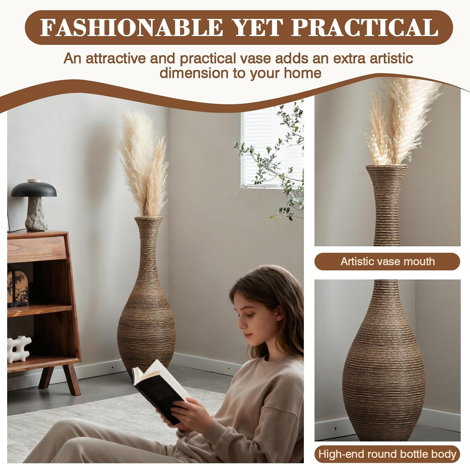40' Tall Large Rattan Standing Floor Vase Modern Decorative Accent Flower Holder Floor Vase for Living Room Entryway Dining Room Stylish Home Décor Statement Piece (Beige+Grey)