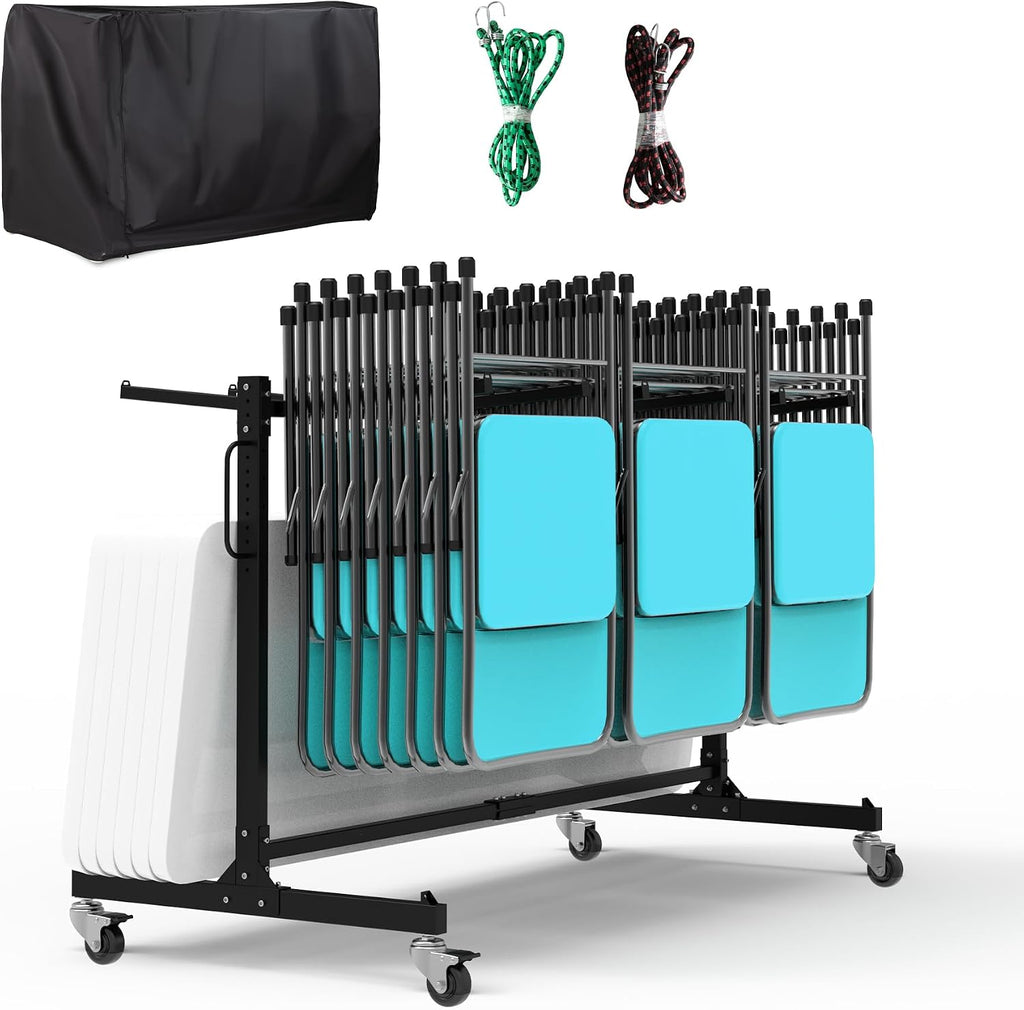 Folding Chair Rack, Heavy-Duty Folding Chair Cart with Swivel Wheels, 600 LBS Capacity for 12 Tables or 42 Chairs, Chair and Table Cart w/Dust Cover and 2 Binding Ropes, 72'L x 33'W x 42'H