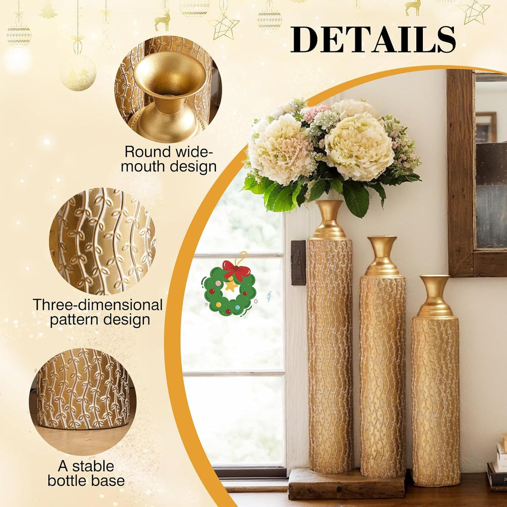 Set of 3 Gold Metal Decorative Vases – 34'/29'/25' Tall Distressed Centerpiece Vases, Gold Floral Pattern, Tall Metal Standing Vase for Home Decor(Golden Willow)