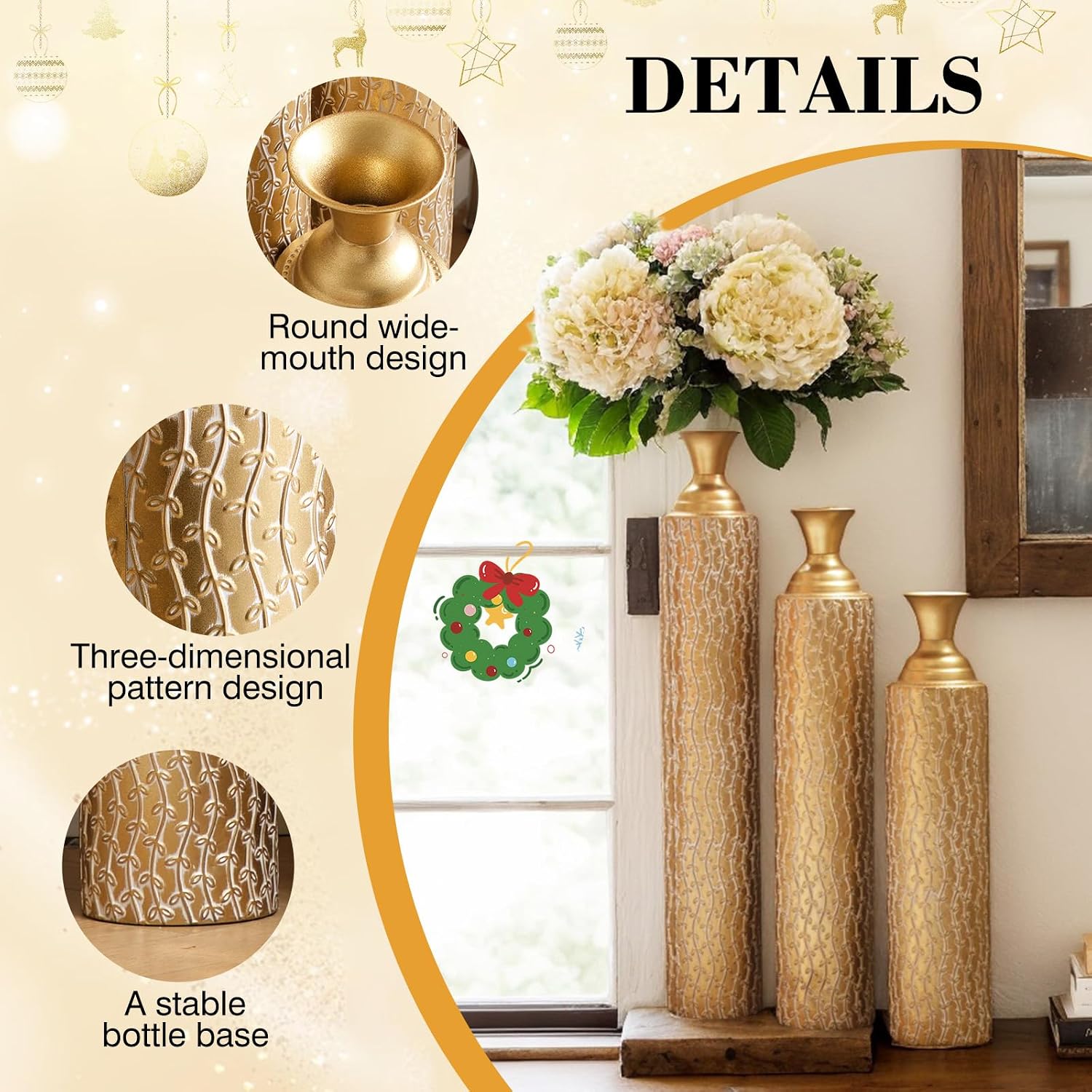 Floor Metal Decorated Vases Set of 3 for Gorgeous Home Decoration Large Glazed Metal Vases (Matte Gold)