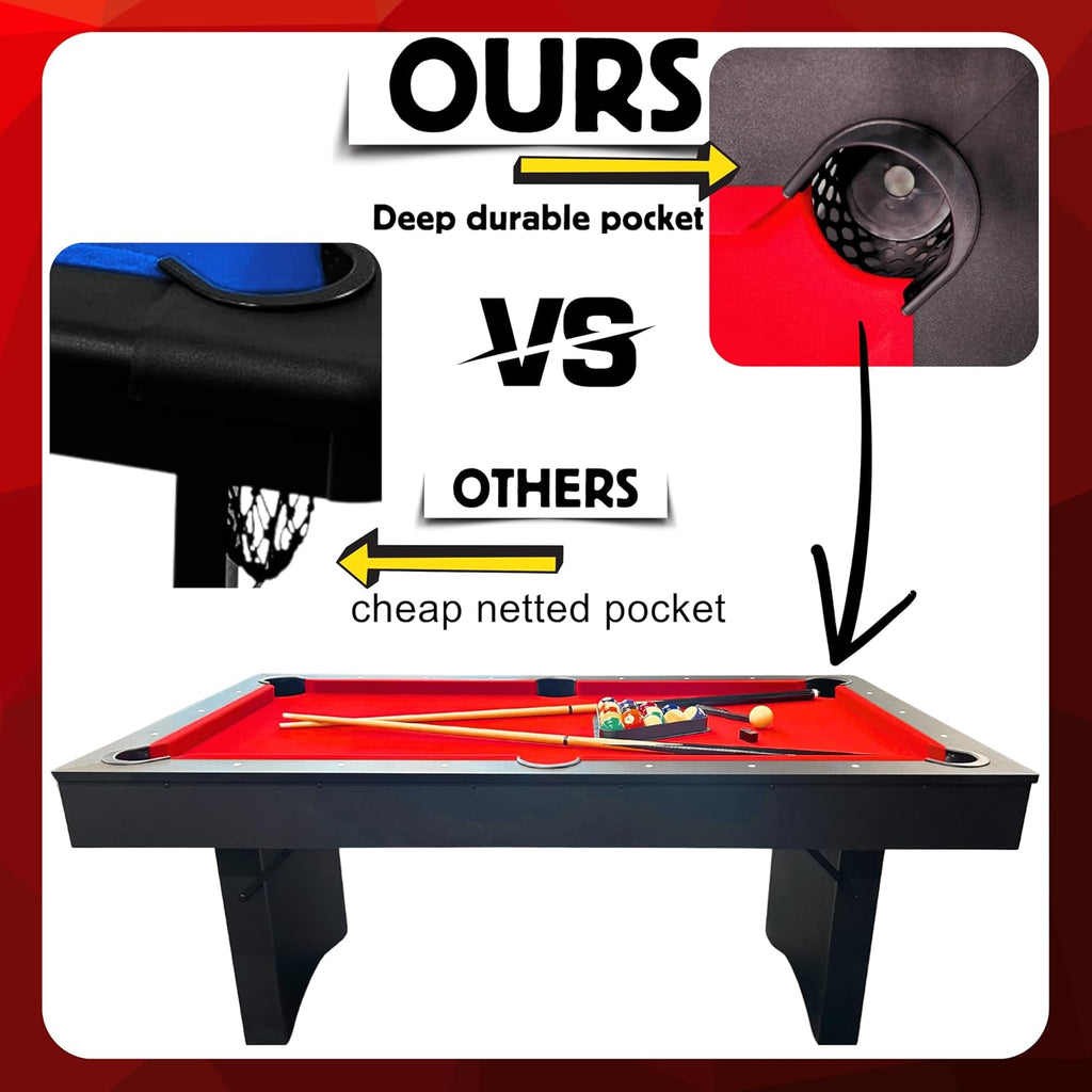 Freetime Fun 6 FT Pool Table, No Assembly, Portable, Includes Billiard Tables Accessories- 2 Pool Cues, Set of Balls, Triangle, Pool Table Brush, Chalk