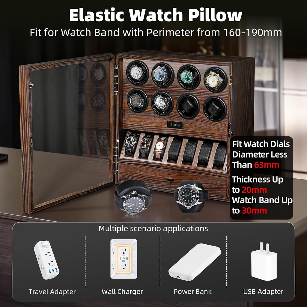 Watch Winder for 4/8 Automatic Watches, Watch Rotator for Rolex 15 Rotation Modes Box with LED Light, Watches Winder Case with Extra Watches Holders and Jewelry Storage Present for Men Quiet Mabuchi Motor