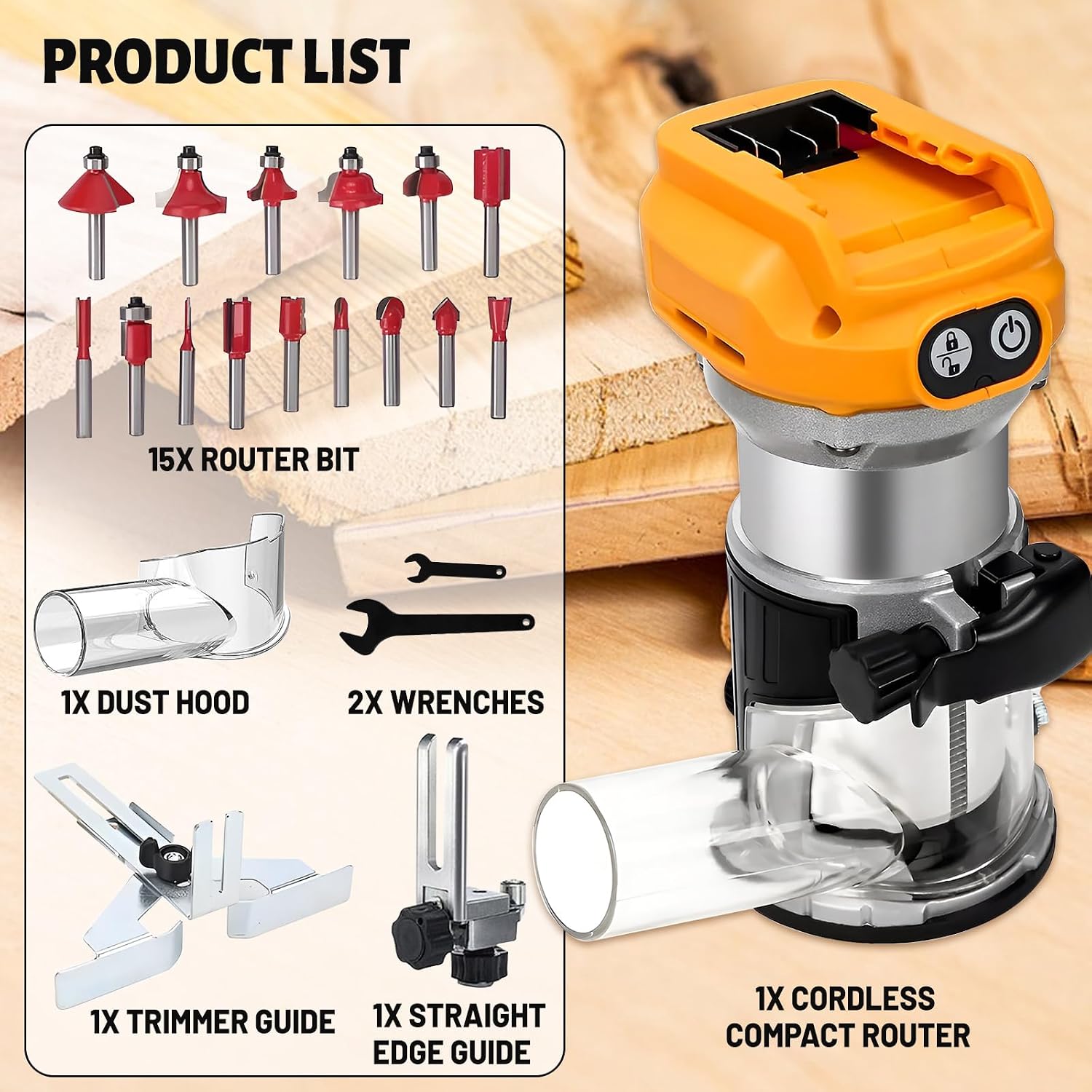 Cordless Power Router for DeWalt 20V Battery (Bare Tool), Brushless Trim Router with 15PCS 1/4' Bits, 6 Variable Speeds Router Tool for Woodworking, 800W 10000-30000min/r