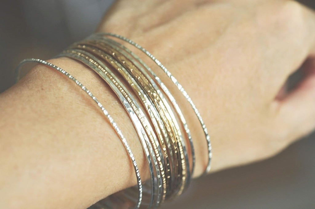 14k gold filled Bangles hammered slip on set of 3 textures, Mu-Yin Jewelry Handmade in USA