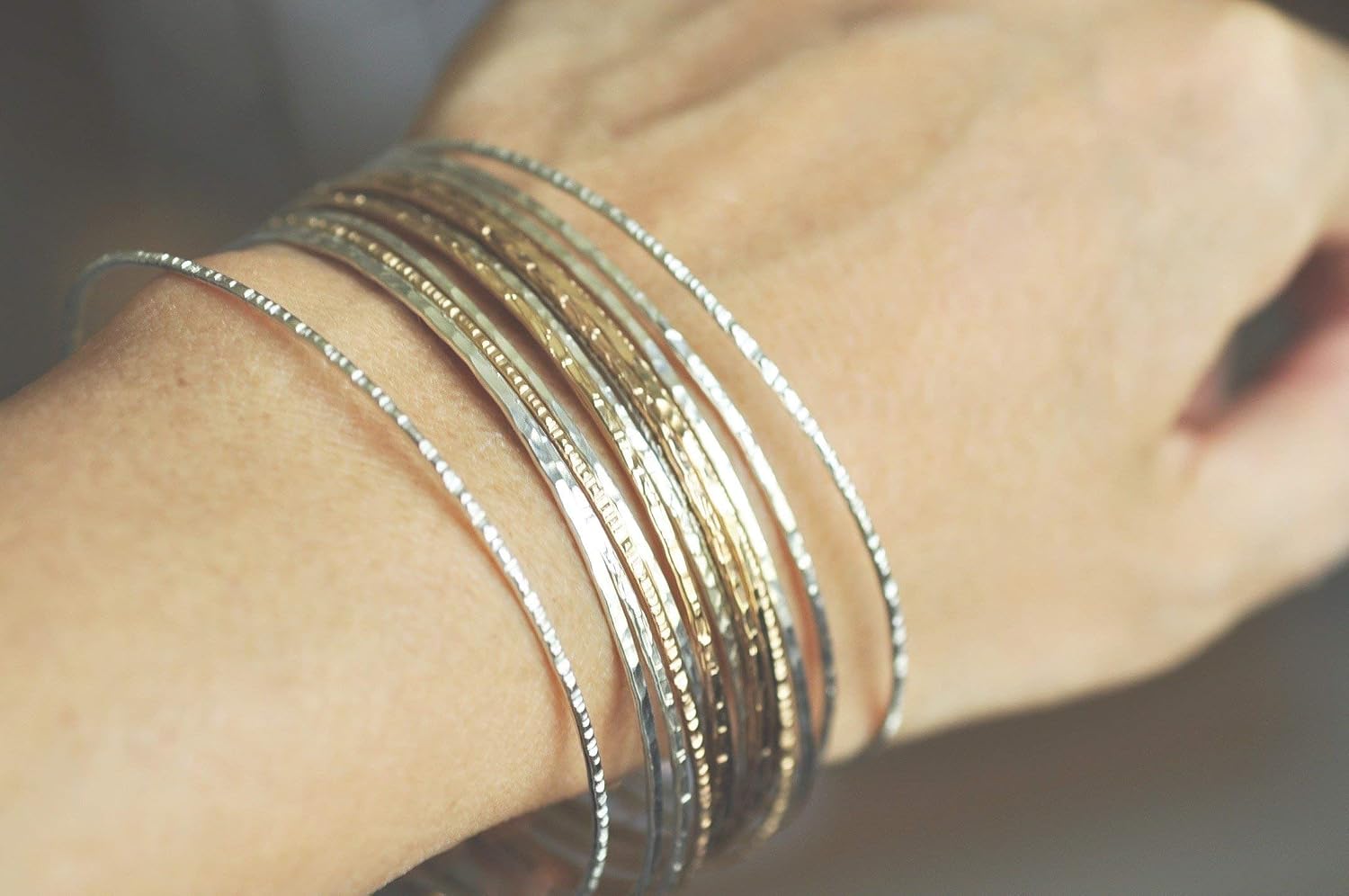 14k gold filled Bangles hammered slip on set of 3 textures, Mu-Yin Jewelry Handmade in USA