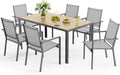 Ahomly Patio Table and Chairs Set for 6, Outdoor Dining Set Includes 59.5' Rectangle Patio Table with Side Umbrella Hole and 6 Textilene Fabric Patio Chairs for Courtyard, Backyard, Pool, Grey&Brown