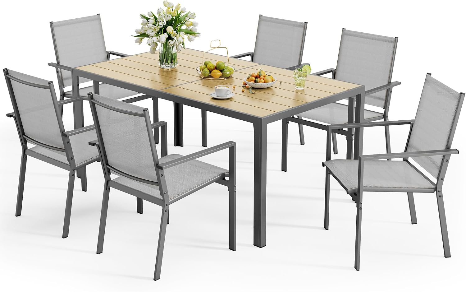 Ahomly Patio Table and Chairs Set for 6, Outdoor Dining Set Includes 59.5' Rectangle Patio Table with Side Umbrella Hole and 6 Textilene Fabric Patio Chairs for Courtyard, Backyard, Pool, Grey&Brown