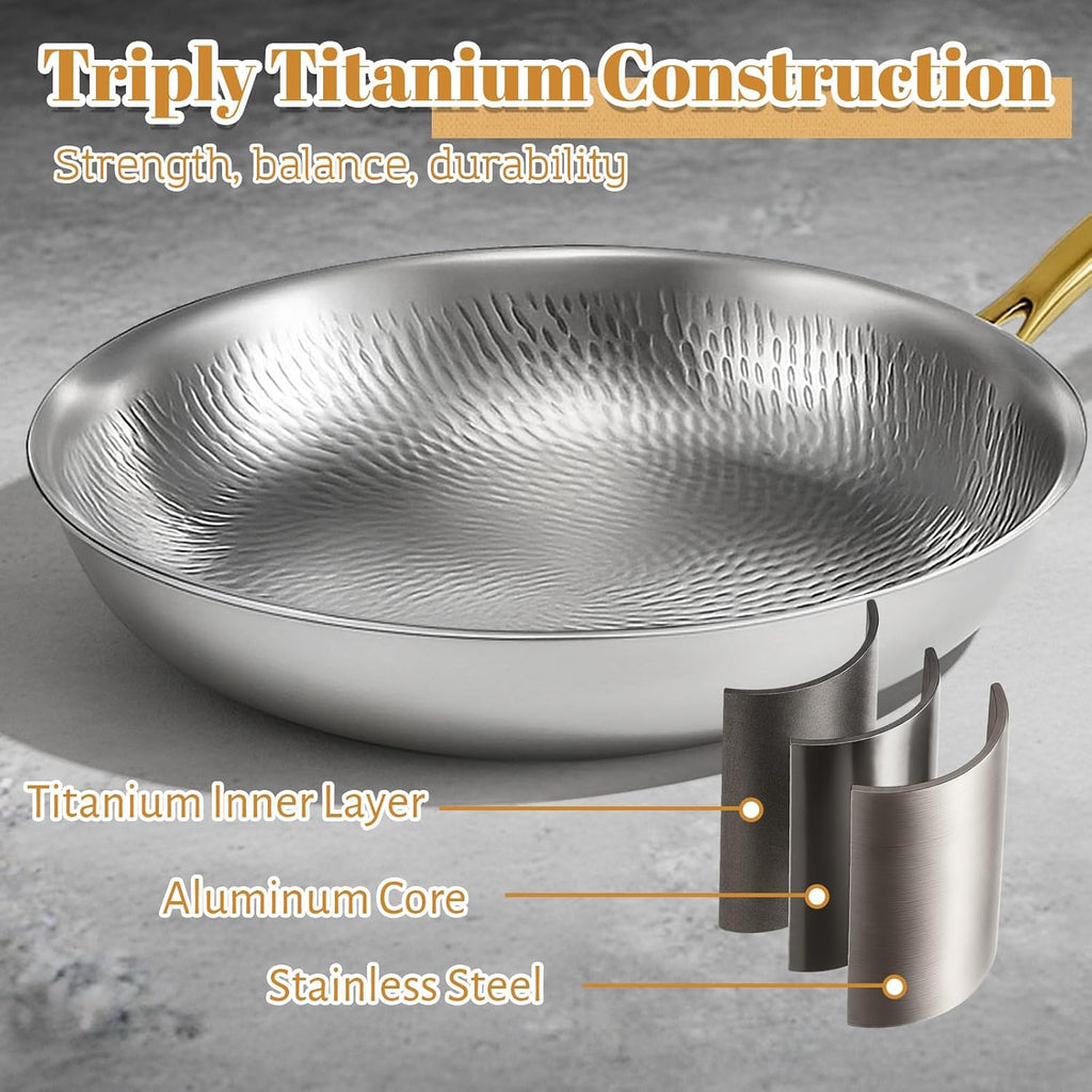 LemonRoad 2 Pieces Titanium Cookware Set, 11'' and 9.45'' Pots and Pans with Lids Triply Titanium No Coat Technology Safe for Oven, Induction and Cook Tops, Dishwasher Safe (Pan and Soup Pot)