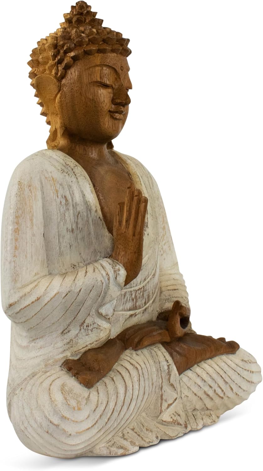 G6 Collection Wooden Serene Meditating Sitting Buddha Art Statue Hand Carved Sculpture Home Decor (16' Tall – Whitewashed)