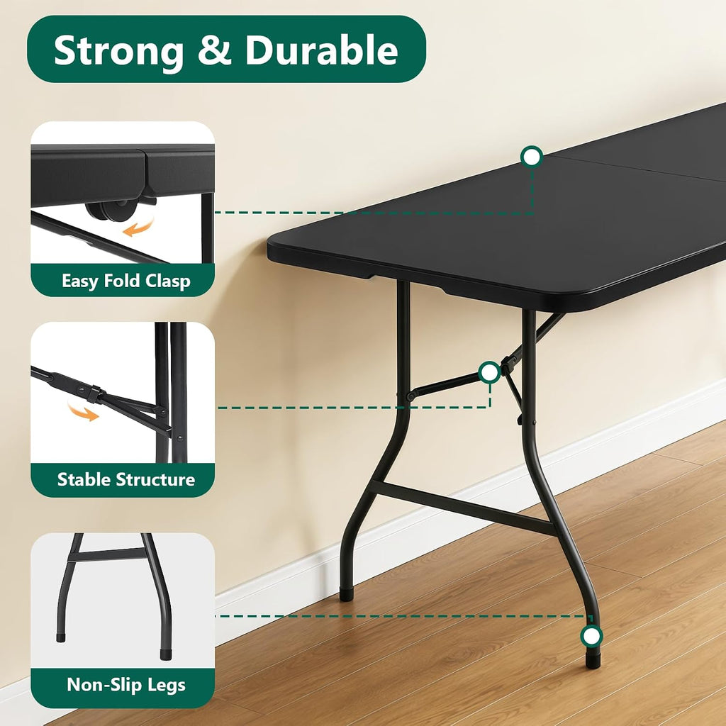 2 Pack 6FT Folding Table, Foldable Picnic Table with Carrying Handle, Heavy Duty Fold-in-Half Portable Table for Weddings, Camping, RV Travel, Parties, BBQs, Easy to Fold and Store, Black