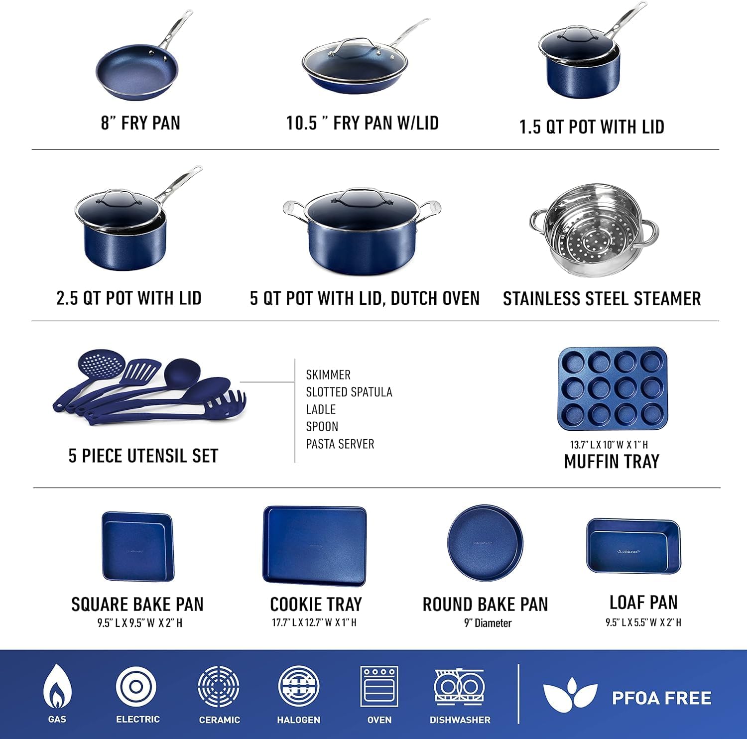 GRANITESTONE 20 Pc Kitchen Pots and Pans Set Non Stick Cookware Set, Kitchen Cookware Sets with Deep Frying Pan Set, Bakeware, & Steamer, Non Toxic PFOA PFOS Free, Oven and Dishwasher Safe