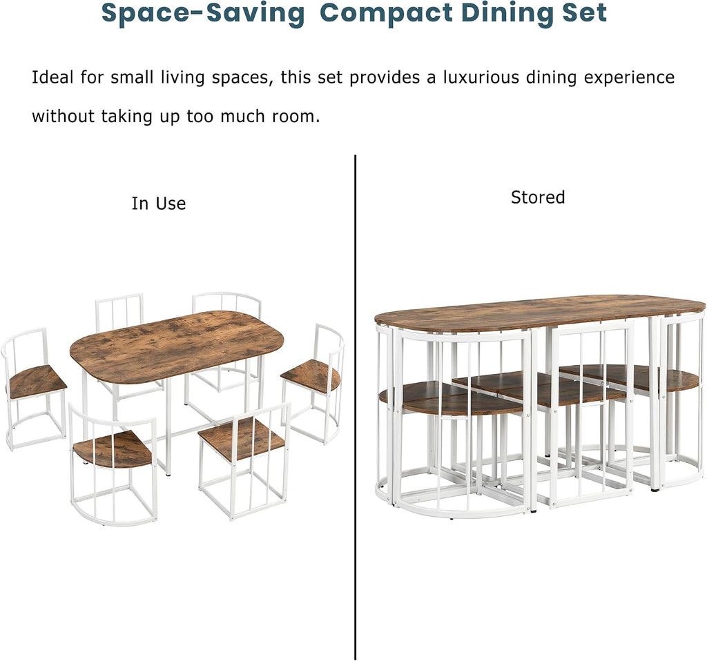 7 Piece Dining Table Set, Metal Kitchen Dining Table Set with Chairs for 6 Persons for Small Space, White Cherry