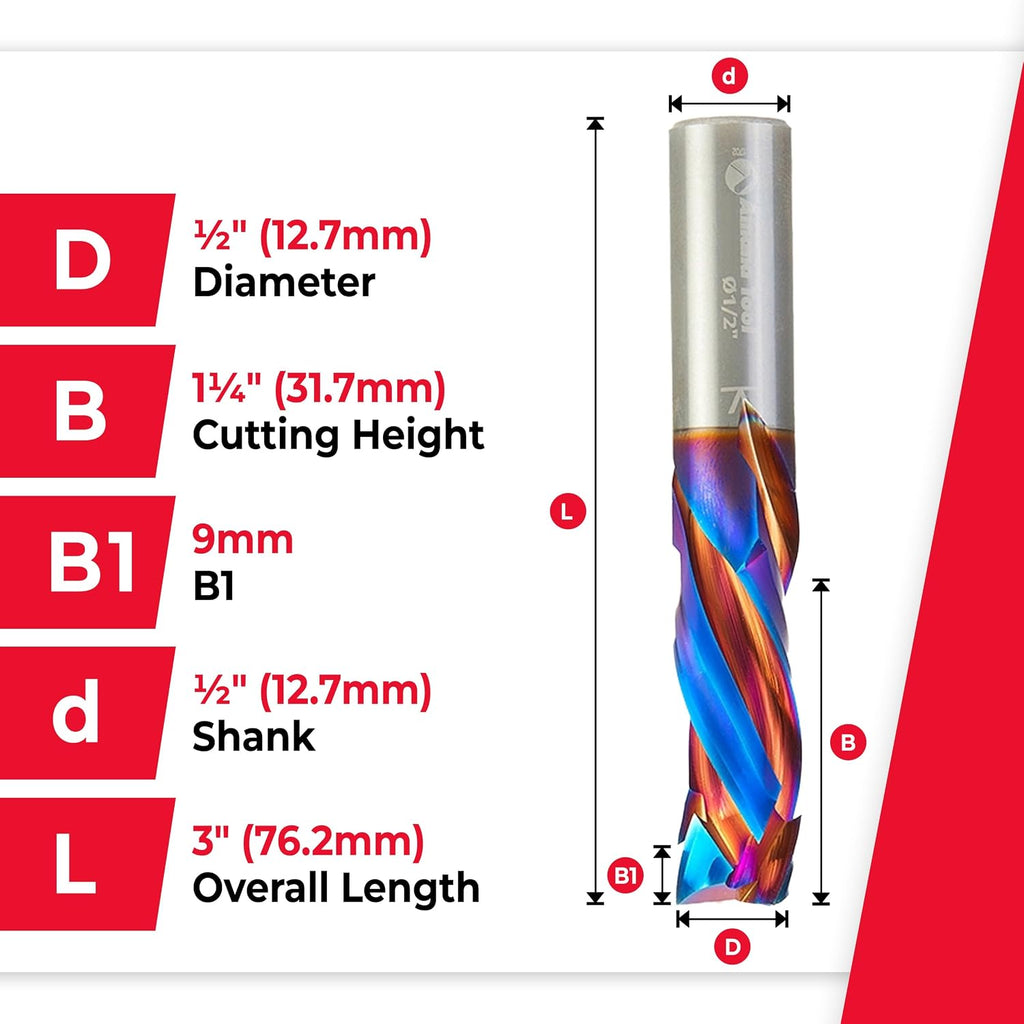 Amana Tool Spektra Extreme Tool Life Solid Carbide CNC Compression Spiral Router Bit, 46012-K, 1/2 D x 1-1/4 CH x 1/2 Shank x 3 Inch Long 3 Flute