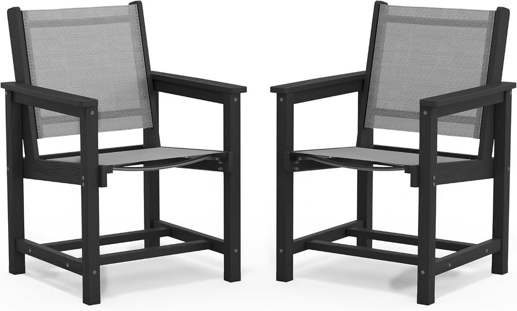 SERWALL Outdoor Dining Chairs Set of 2, All-Weather HDPE Textilene Sling Dining Chair for Backyard, Garden, Black