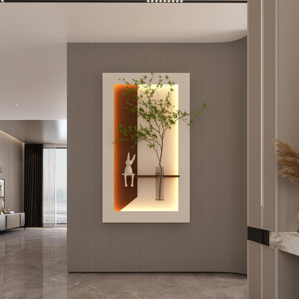 Montary 3D Sandstone Art Painting, Adjustable 3-Color LED Sandstone Wall Decor with Simulated Green Plants - 3D Art Sculpture, Glass Vase & Rabbit Statue, for Living Room, Bedroom, Hallway