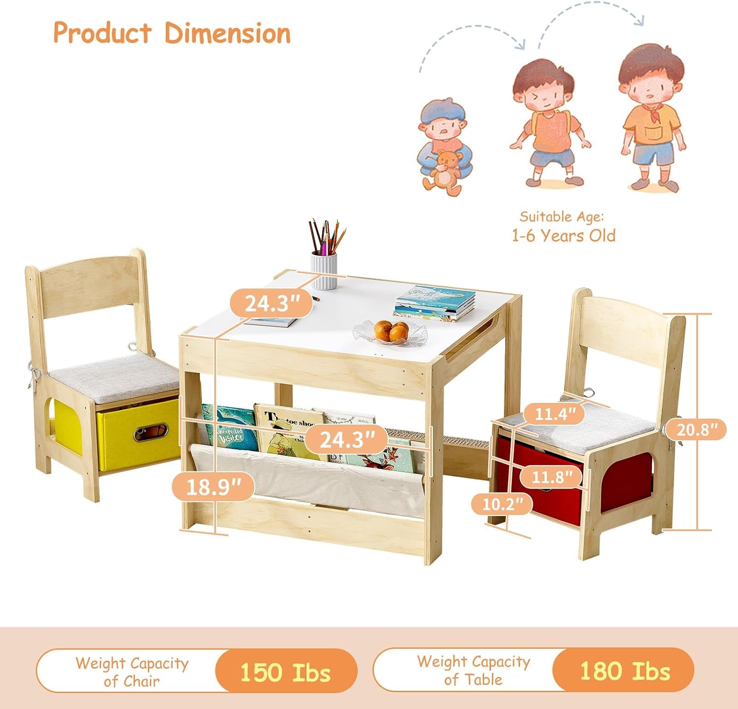 EXPERLAM Kids Table and 2 Chairs Set, Wooden Toddler Activity Table with Adjustable Drawing Tabletop, Safety Hinges, Storage Drawers &Bookshelf for Playroom, Nursery, Ages 1-6, Burlywood