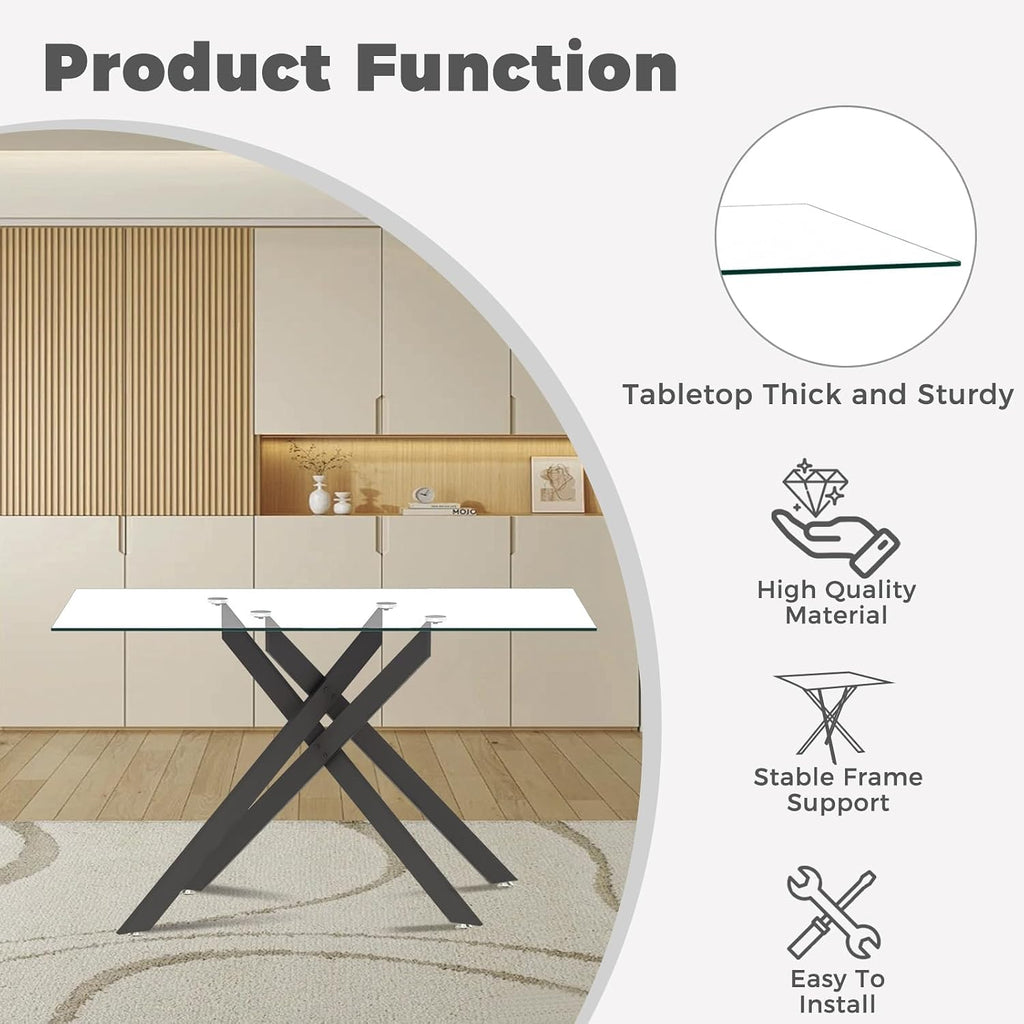 51 Inch Glass Dining Table Set for 4, Rectangular Glass Kitchen Table with 4 Upholstered Velvet Accent Chairs, 5 Piece Modern Dining Room Set, for Home, Apartment, Small Spaces - Black Black