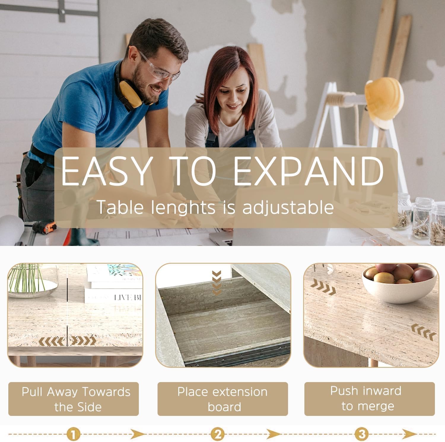 Henf 7 Pieces Extendable Dining Table Set for 6, 63'-79' Faux Mars Kitchen Table Set with 6 Beige Chairs, Faux Marble Expandable Dining Room Tables Set for 6,Modern Dinner Tables Set for 6