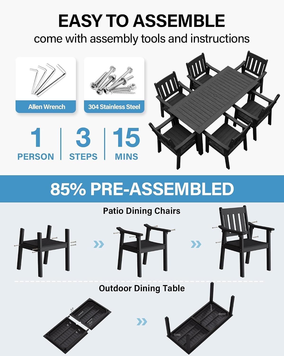 YEFU Outdoor Dining Table for 6: All Weather Rectangular Patio Table with Umbrella Hole and Aluminum Frame - Outdoor Furniture for Outside Backyard/Garden/Pool/Porch/Deck 300lbs Capacity Black