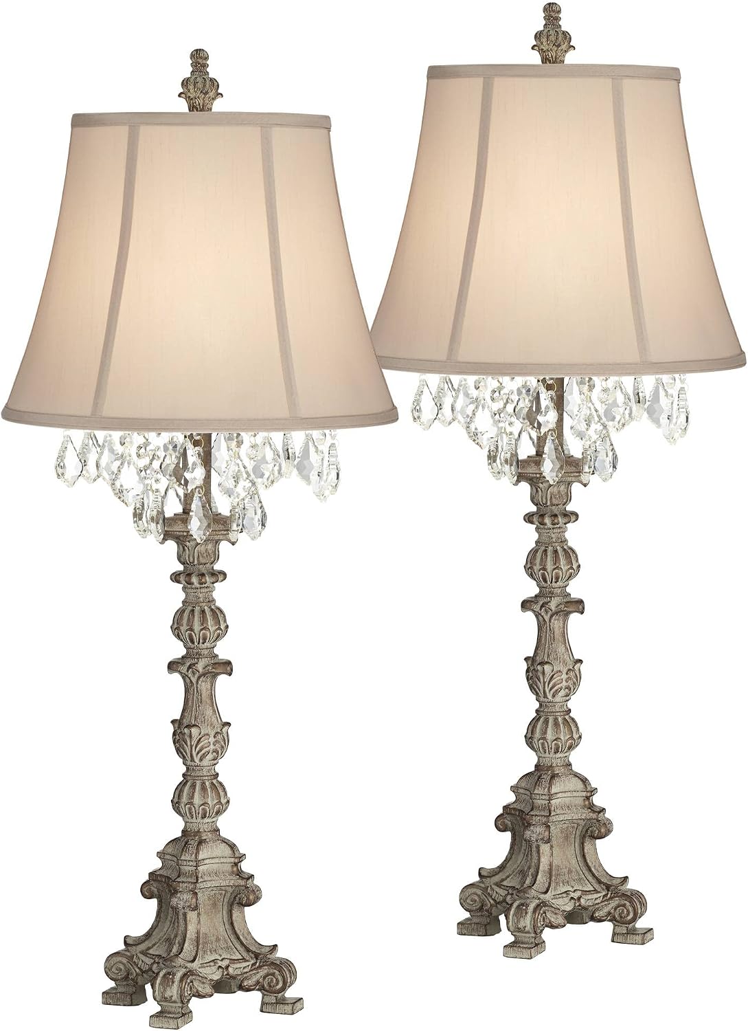 Barnes and Ivy Duval 34' Tall Candlestick Large French Traditional End Table Lamps Set of 2 Brown White Crystal Living Room Bedroom Bedside Nightstand House Office Home Reading Beige Shade