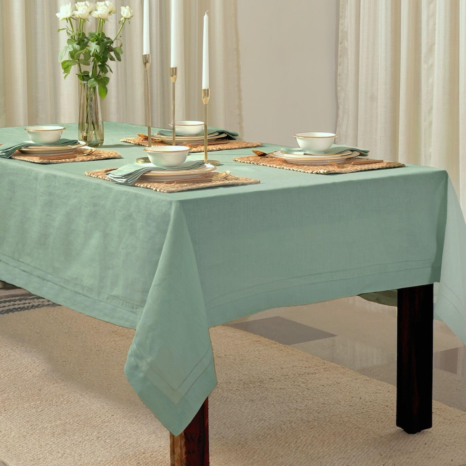 BLUE FLOWER CO Premium 100% Pure Linen Tablecloth 70'x120' Rectangle, Double Hemstitched Table Cover for Dinner, Parties, Eco-Friendly, Fall & Winter Table Décor - Sage Green