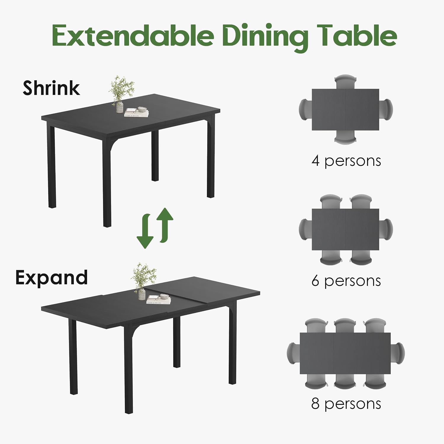 Extendable Dining Table, Rectangle Kitchen Table for 4-8 People, Modern Wooden Dinner Table with Strong Metal Legs, Space Saving Expandable Dining Room Table for Restaurant, Conference, Black