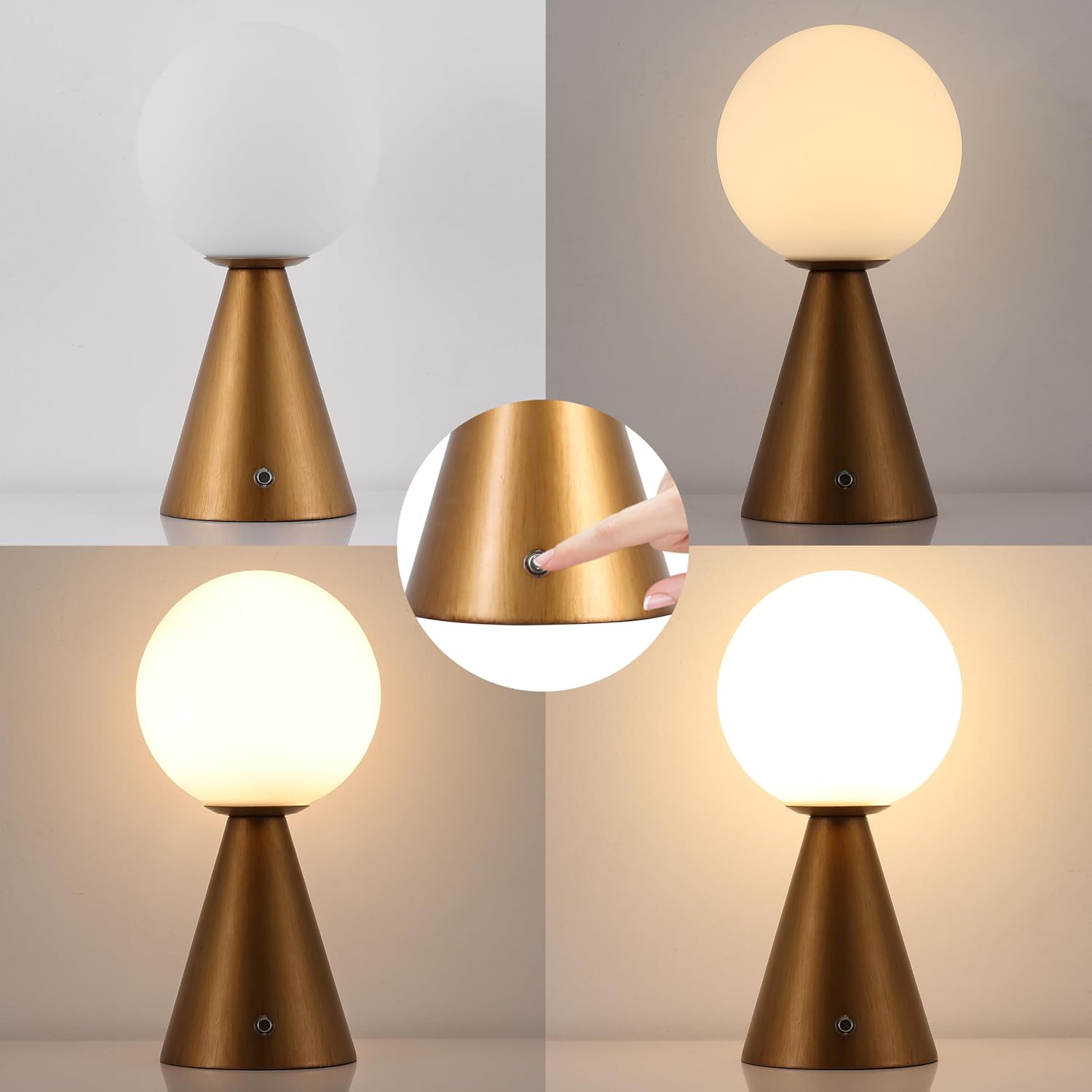 JONATHAN Y 11.75' Antique Gold Macie Modern Globe Cordless Table Lamp Set of 2, Rechargeable Dimmable Integrated LED Touch Sensor Bedside Lamp, White Frosted Glass Shade (JYL7159D-SET2)