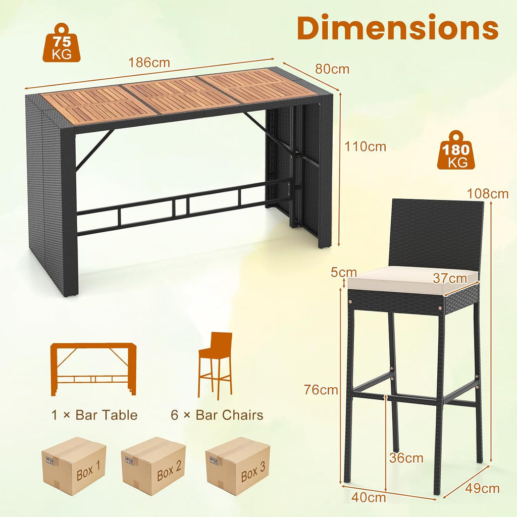 COSTWAY 7 PCS Patio Rattan Wicker Bar Set, 30'' Bar Height Chairs with Back, Footrest and Cushion, Outdoor Table with Wooden Top for Backyard Garden Deck
