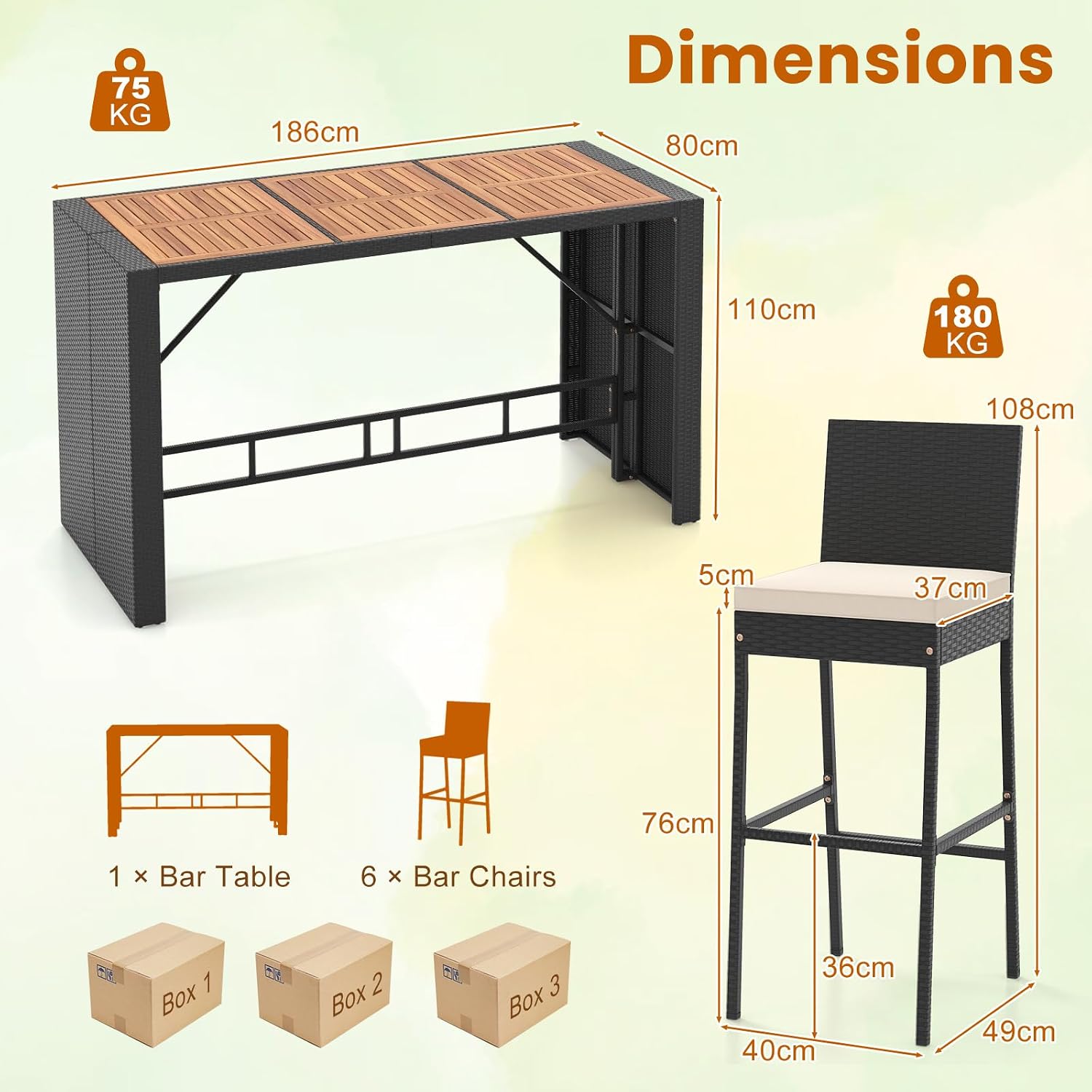COSTWAY 7 PCS Patio Rattan Wicker Bar Set, 30'' Bar Height Chairs with Back, Footrest and Cushion, Outdoor Table with Wooden Top for Backyard Garden Deck