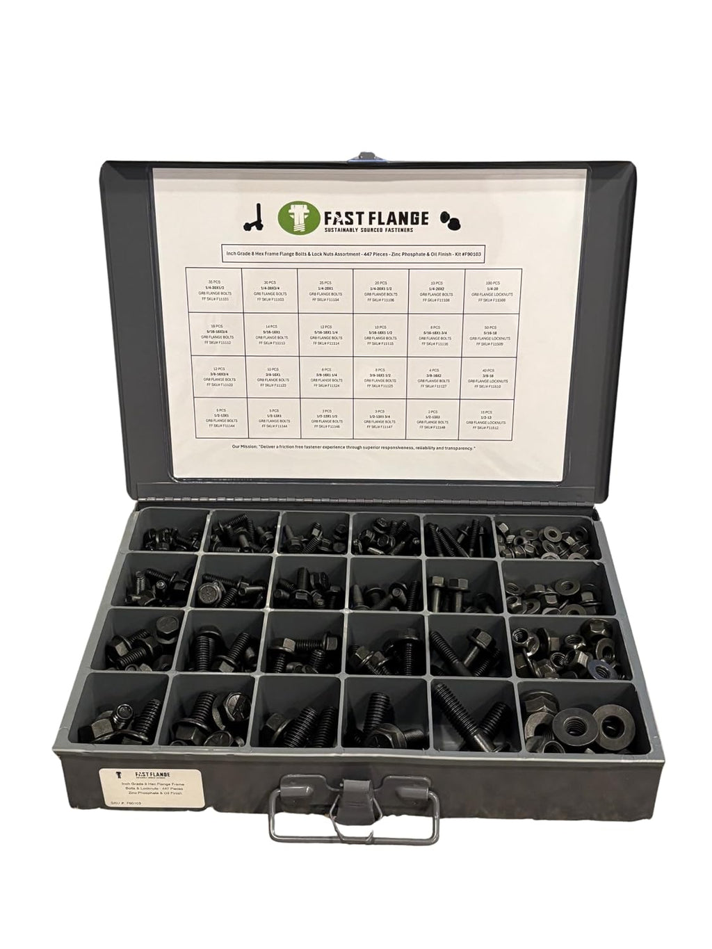 Grade 8 Hex Cap Flange Frame Bolt Zinc Phos & Oil & Locking Flange Nuts Assortment Kit - 447 Pieces