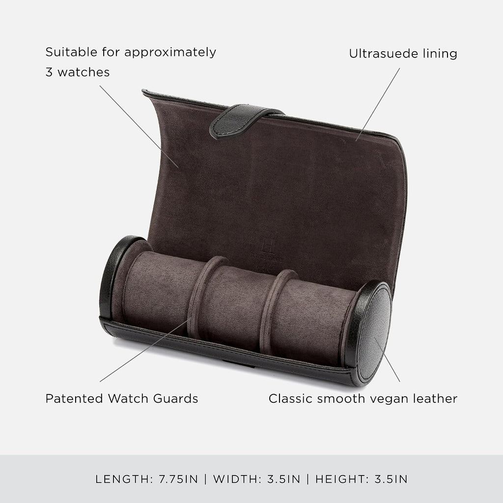 WOLF Heritage Watch Roll, Blake Black/Grey - Holds Up to Three Watches - Vegan Leather, Ultra-Suede Lining, Snap Closure - Includes Two Watch Guards