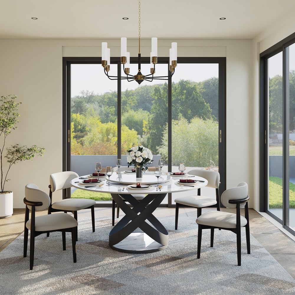 POVISON 59' Modern Dining Table, Glossy White Round Dining Table for 6 Built in Lazy Susan, Sintered Stone Dining Tabletop with Black X Carbon Steel Base (Table Only)