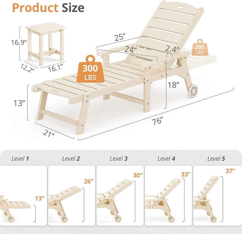 LUE BONA Chaise Lounge Chairs Set with Table, 3-Piece, 79'' Oversized HDPS Material, 5 Positions Adjustable Patio Lounge Chairs, Pool Lounge Chair with Wheels for Poolside, 3-Year Warranty, Sand