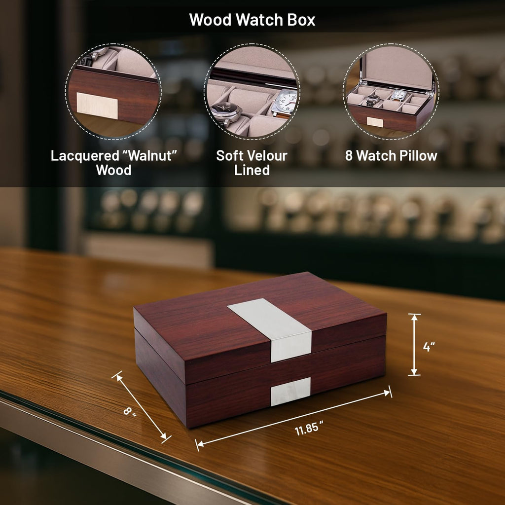 Bey-Berk Lacquered Walnut 8-Slot Watch Box, Solid Wood Watch Display Case with Stainless Steel Accents, Soft Velour Lining and Magnetic Closure, 11.85' x 8' x 4'