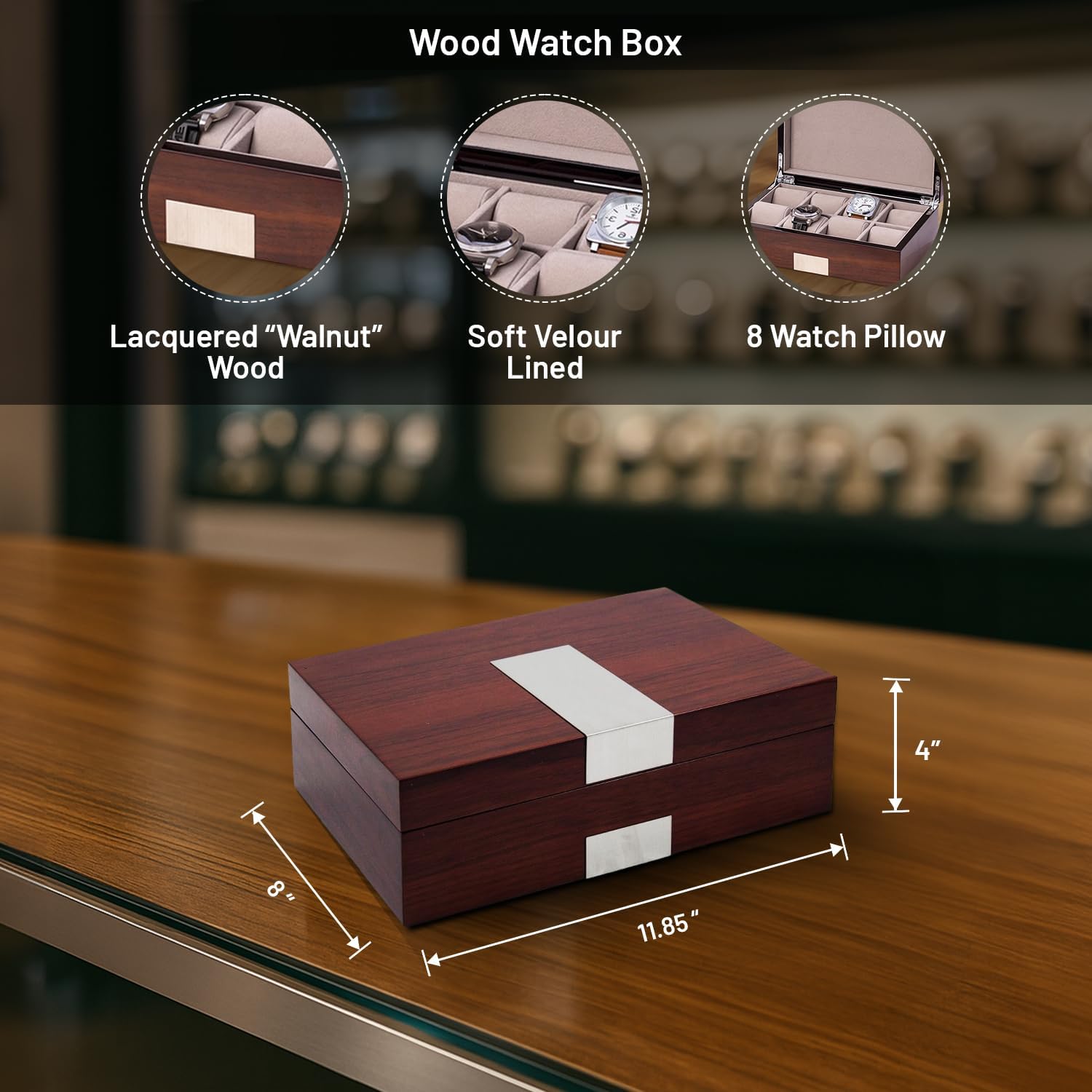 Bey-Berk Lacquered Walnut 8-Slot Watch Box, Solid Wood Watch Display Case with Stainless Steel Accents, Soft Velour Lining and Magnetic Closure, 11.85' x 8' x 4'