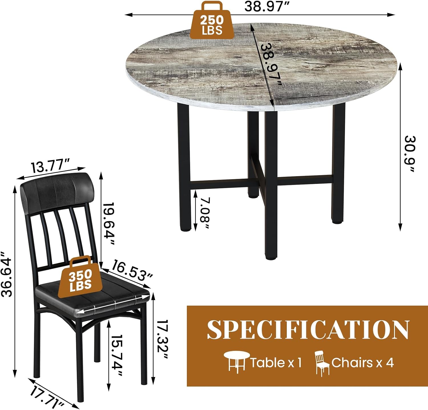AWQM Round Dining Table Set for 4, Wood Circle Kitchen Table and Chairs Set for 4, Modern Dining Room Sets with 4 Faux Leather Chairs, Round Dinner Table for Small Space, Grey