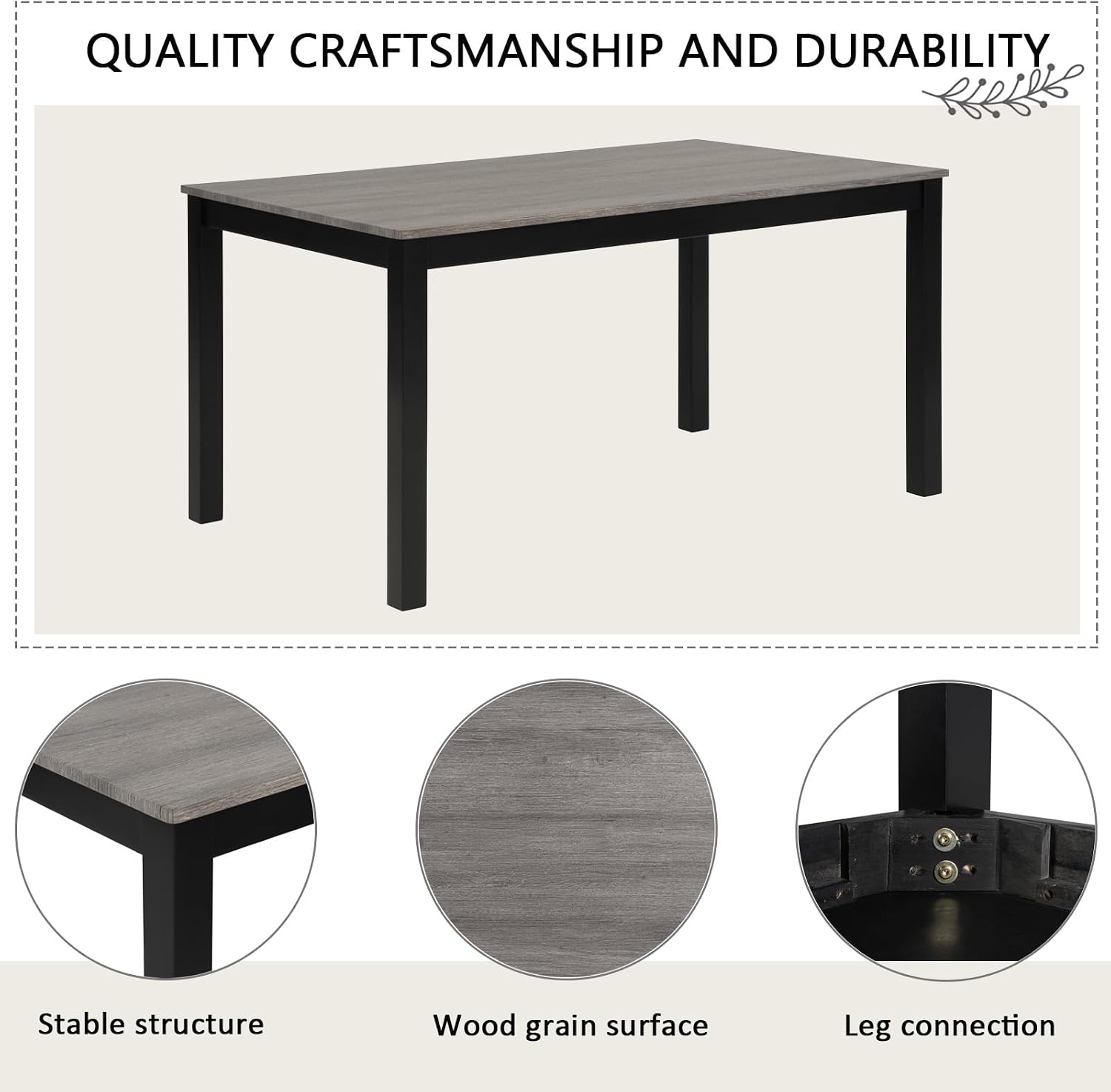 LUMISOL 6 Piece Dining Table Set with Bench and Chairs, Wood Kitchen Table Set for Kitchen, Dining Room, Living Room, Light Grey+Black