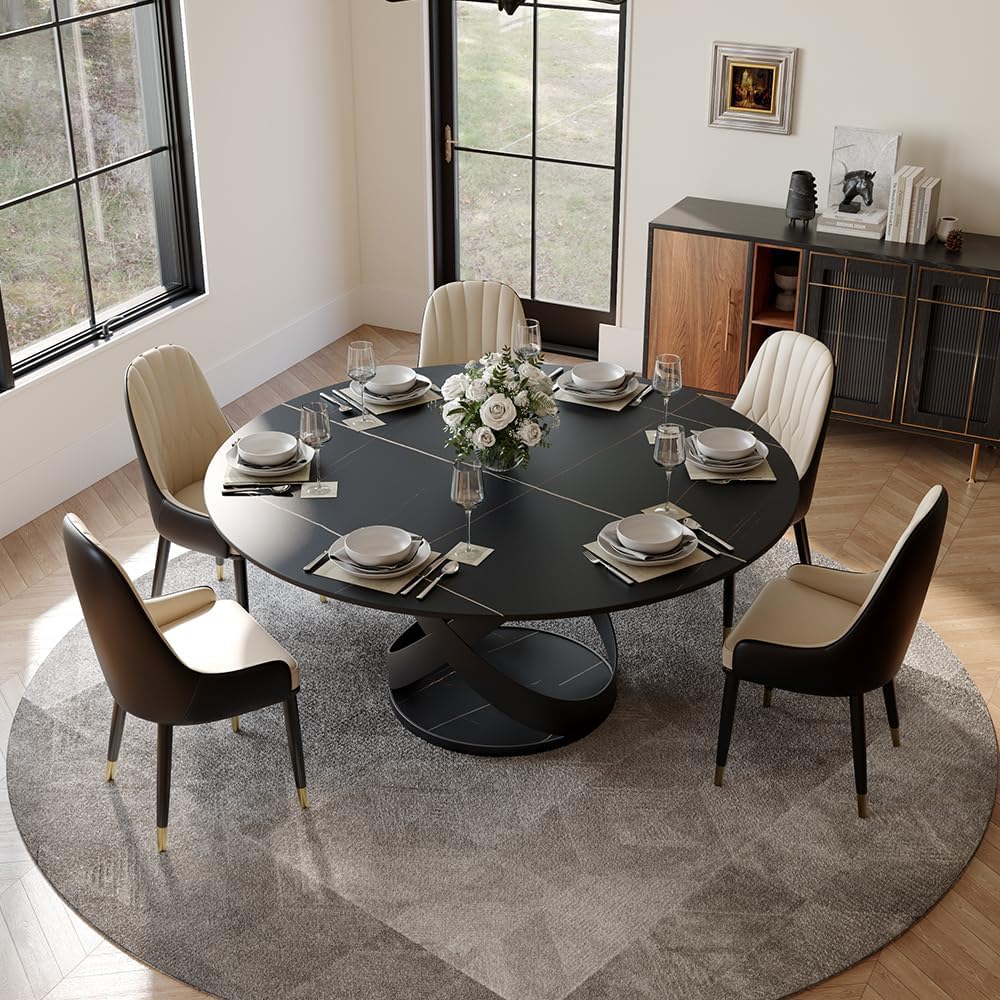POVISON 60' Round Dining Table for 6, Modern Dining Room Table with Lazy Susan, Matte Black Sintered Stone Dining Tabletop with X-Shape Carbon Steel Base (Table Only)