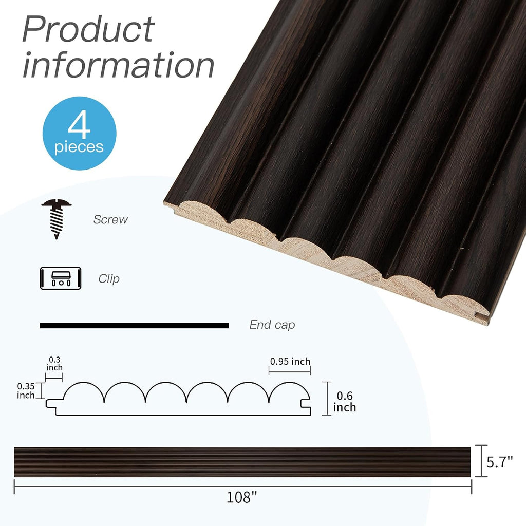 Art3d Fluted Wood Panel - 108 x 5.7 x 0.7in for Wall & Ceiling, Beaded Accent Molding for Home Decoration, Pack of 4pcs + 1pc End-Trim, Beaded Smoked Oak