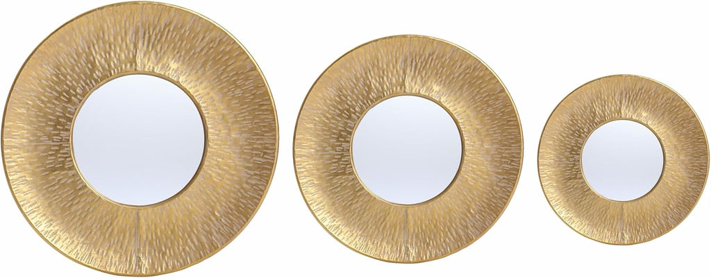 LuxenHome 3 Piece Gold Metal Round Wall Mirror Set Boho Wall Hanging Mounted Mirror,Rattan Mirror Suitable for Farmhouse, Living Room, Bedroom and Bathroom