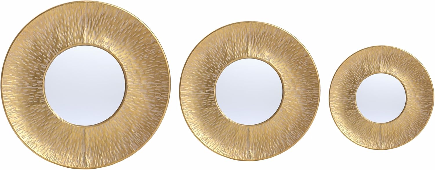 LuxenHome 3 Piece Gold Metal Round Wall Mirror Set Boho Wall Hanging Mounted Mirror,Rattan Mirror Suitable for Farmhouse, Living Room, Bedroom and Bathroom