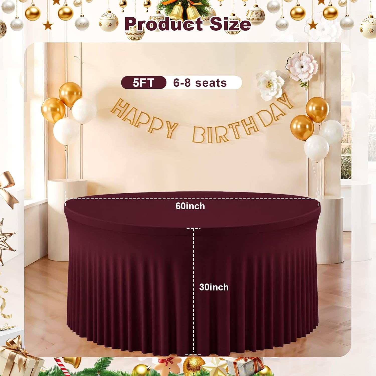 12 Pack Burgundy Round Tablecloth with Skirt, 60 Inch Elastic Fitted Table Cover for 5FT Tables, Wrinkle-Resistant & Washable Snug Fit for Christmas, Thanksgiving, Holiday Dinners & Parties