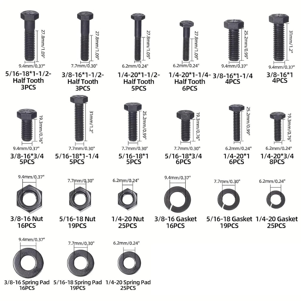 Bolt and Nut Set 240Pcs Grade 8 Hex Black Flat Screws with Nuts Washers Assortment Kit for Equipment Repair