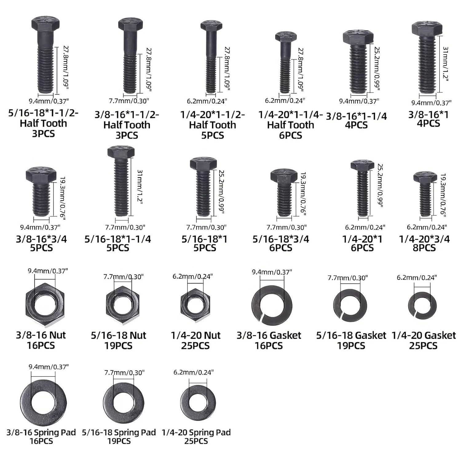 Bolt and Nut Set 240Pcs Grade 8 Hex Black Flat Screws with Nuts Washers Assortment Kit for Equipment Repair