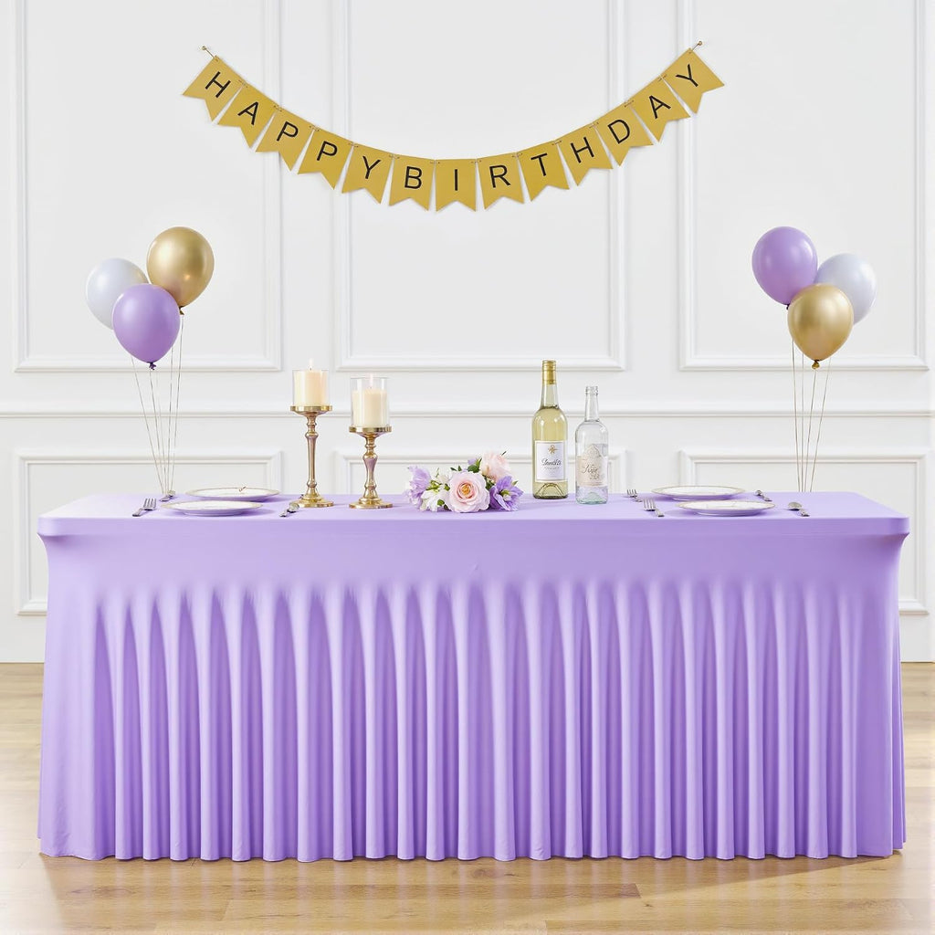 Suppromo 6 Pack 8ft Lavender Spandex Table Cloths for Rectangle Tables Wrinkle Free Light Purple Rectangle Tablecloths Stretch Fitted Table Cover for Birthday Party Wedding Banquet Baby Shower Buffet