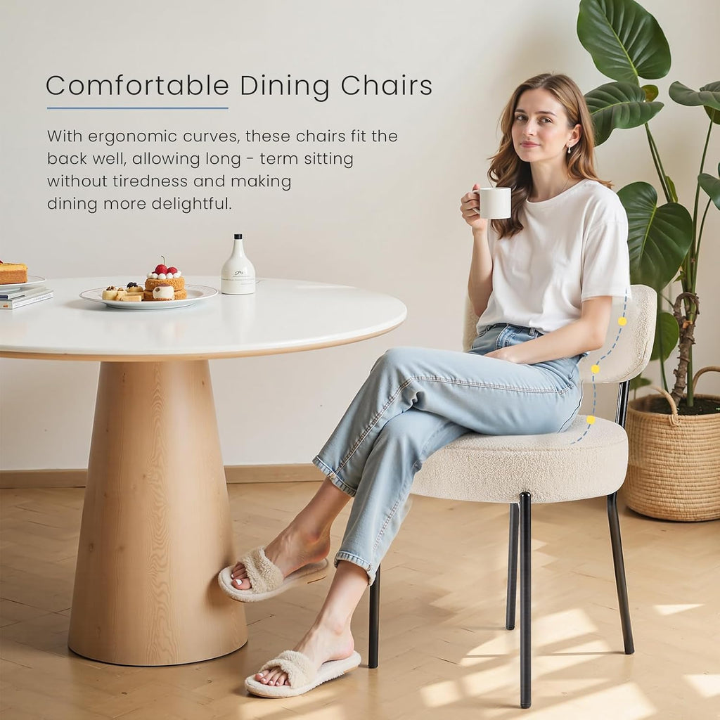 DUMOS Dining Chairs Set of 2, Mid Century Modern Chair Round Upholstered Curved Backrest, Kitchen Vanity Living Room Chairs with Black Metal Legs，Ivory White
