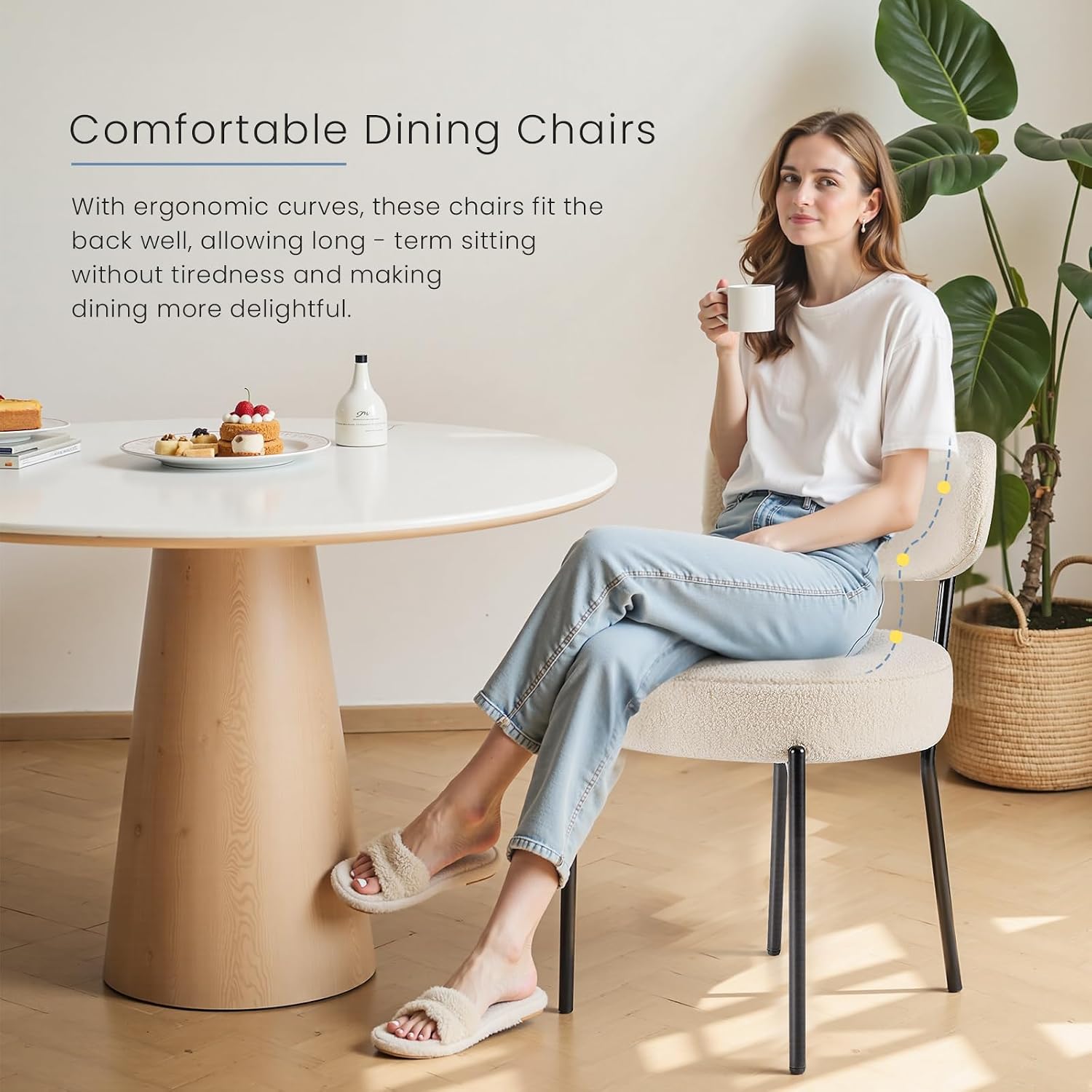 DUMOS Dining Chairs Set of 2, Mid Century Modern Chair Round Upholstered Curved Backrest, Kitchen Vanity Living Room Chairs with Black Metal Legs，Ivory White